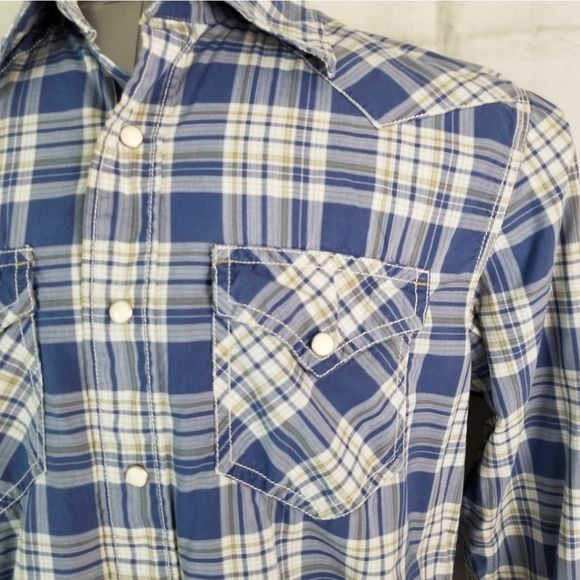 American Eagle S Blue Plaid Snap Closure Shirt - Picture 3 of 12